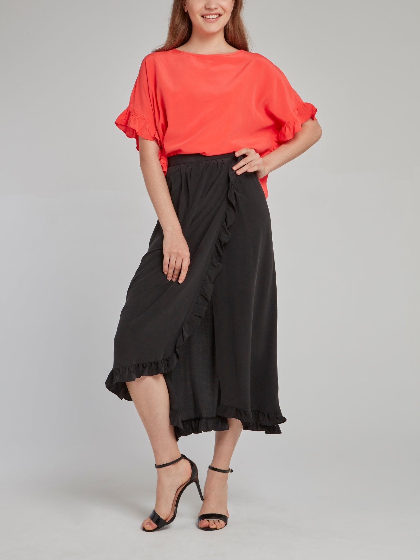 Coral Frill Sleeve Silk Top