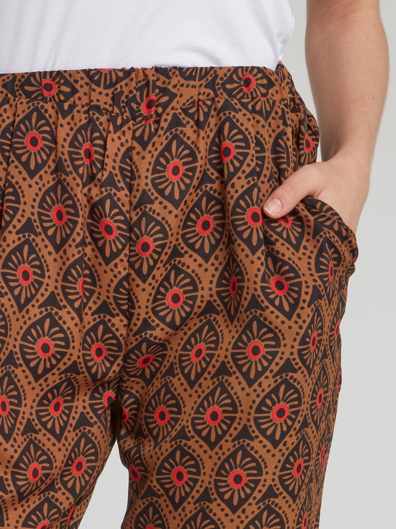 Brown Pattern Cropped Tapered Pants