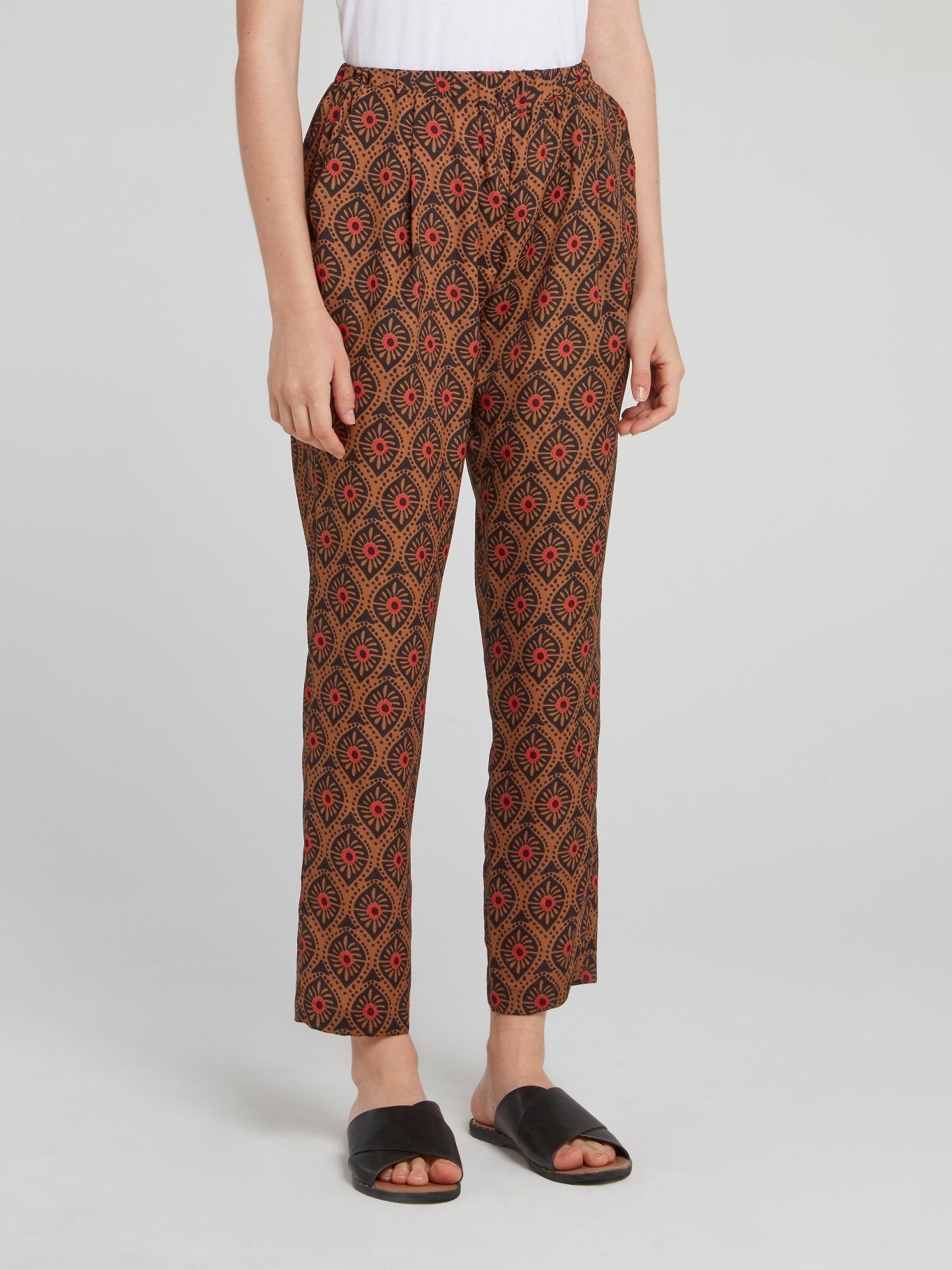 Brown Pattern Cropped Tapered Pants