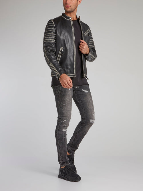 Black Metallic Leather Moto Jacket