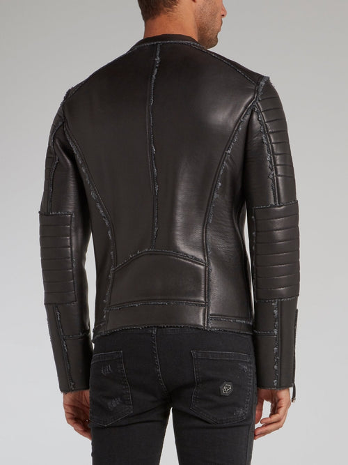 Black Frayed Leather Moto Jacket