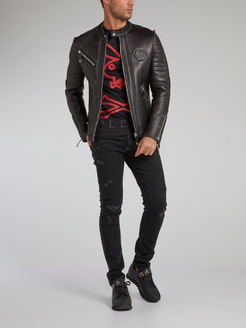 Black Frayed Leather Moto Jacket