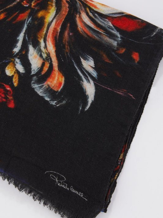 Black Printed Frayed Scarf