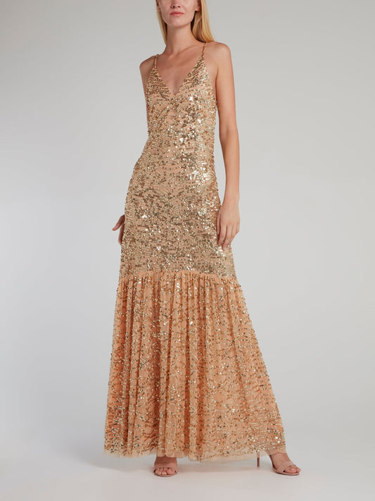Shelly Gold Sequin Trumpet Dress