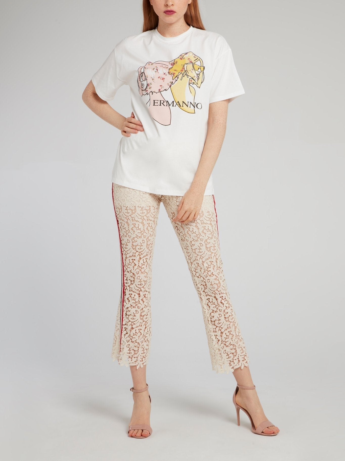 Beige Lace Flared Pants