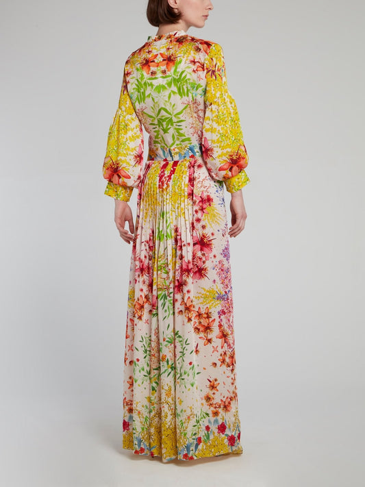 Oriental Print Pleated Slit Dress