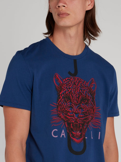 Blue Leopard Head Print T-Shirt