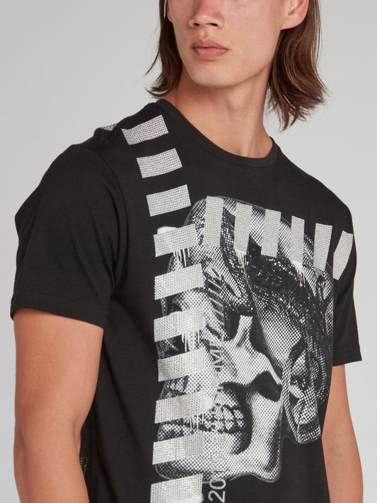 Black Skull Print Studded T-Shirt