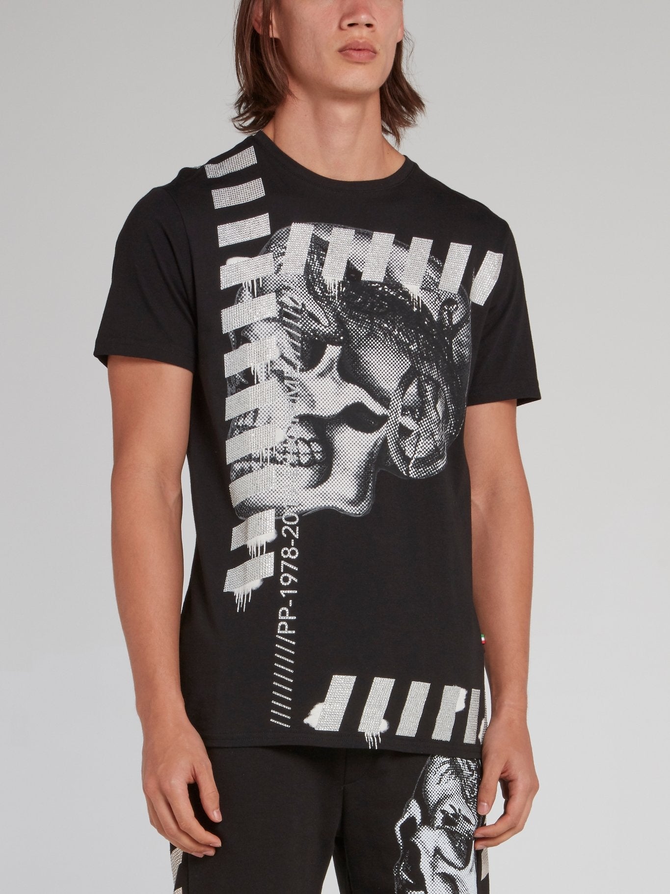 Black Skull Print Studded T-Shirt