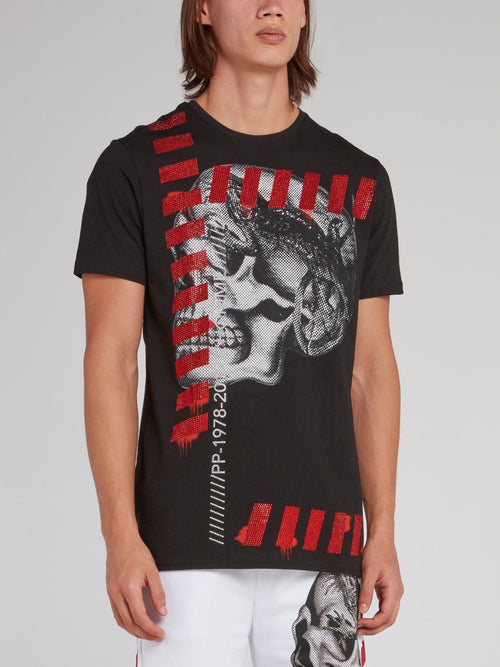 Black Skull Print Red Studded T-Shirt