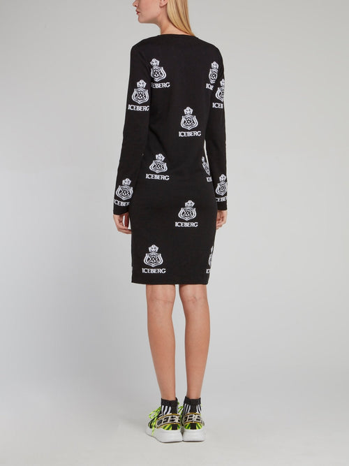 Black Monogram Print Knitted Dress