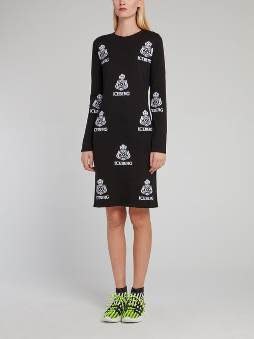 Black Monogram Print Knitted Dress