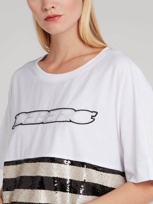 White Sequin Stripe Panel T-Shirt