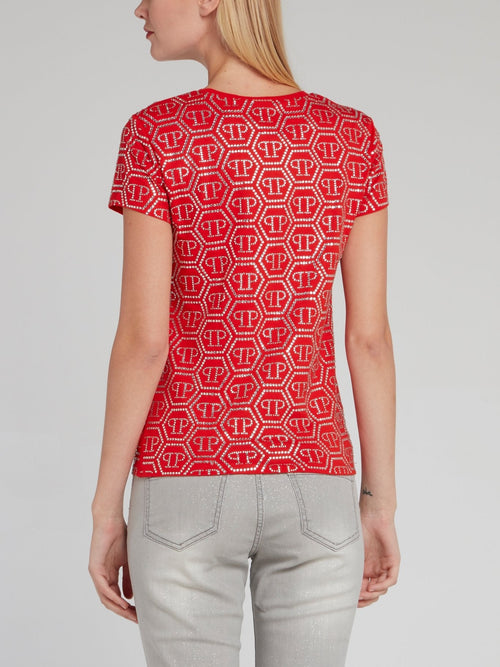 Red Crystal Studded Monogram T-Shirt