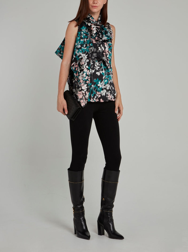 Black Leaf Print Asymmetric Top