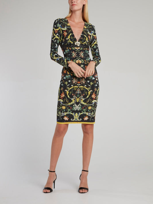 Floral Baroque Print Plunge Dress