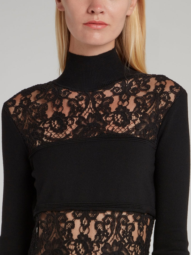 Black Lace Panel Turtleneck Dress
