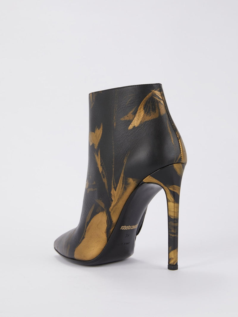 Gold Floral Paint Leather Ankle Boots