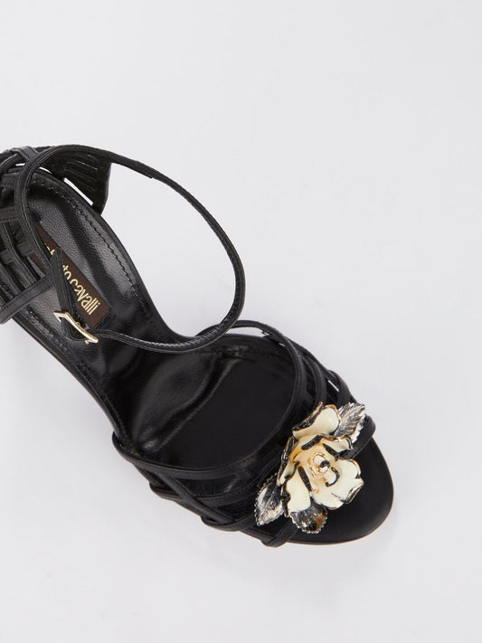 Black Flower Embellished Cage Sandals