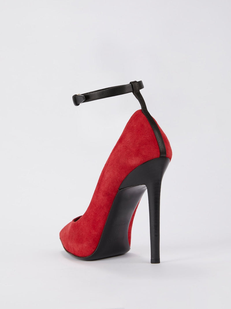 Red Ankle Strap Suede Pumps