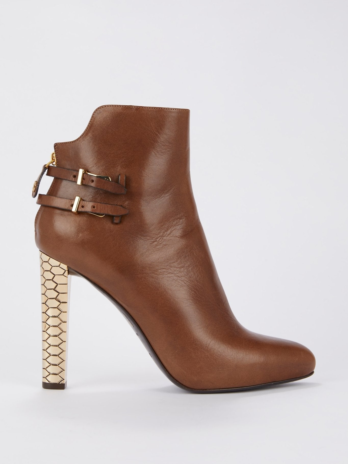 Brown with Gold Heel Leather Ankle Boots