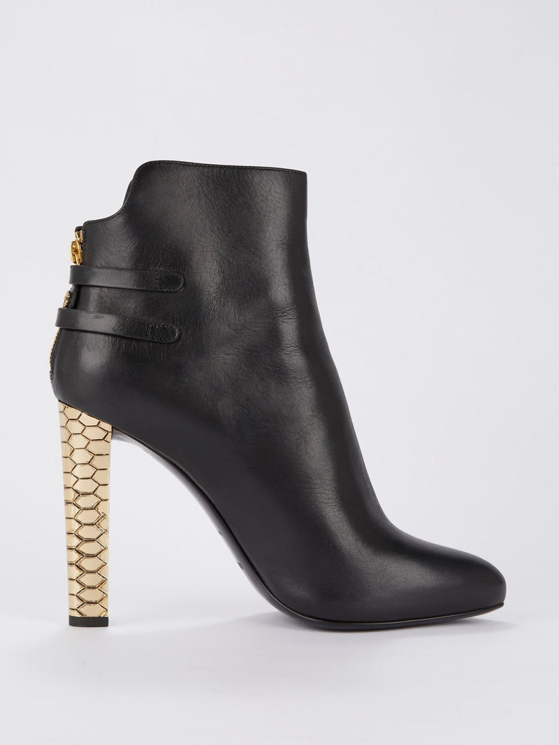 Black with Gold Heel Leather Ankle Boots