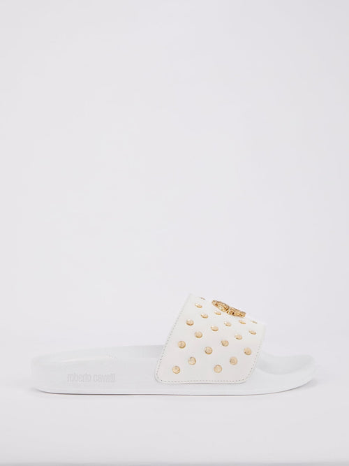 White Snake Monogram Studded Slides