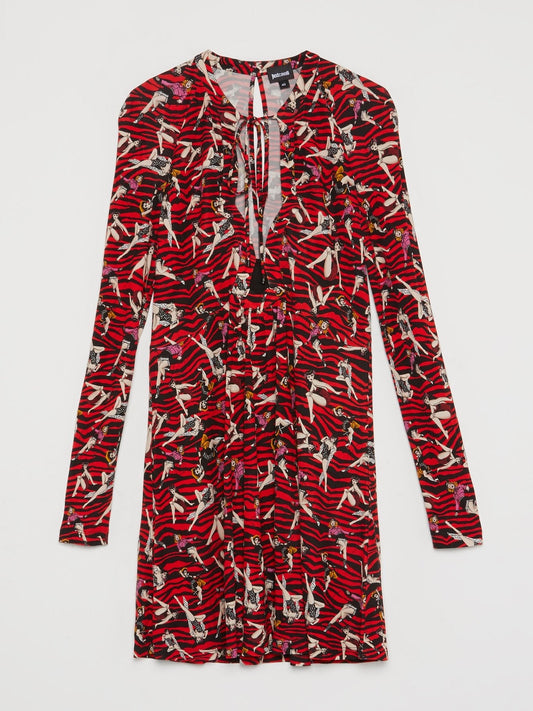 Red Printed Long Sleeve Dress