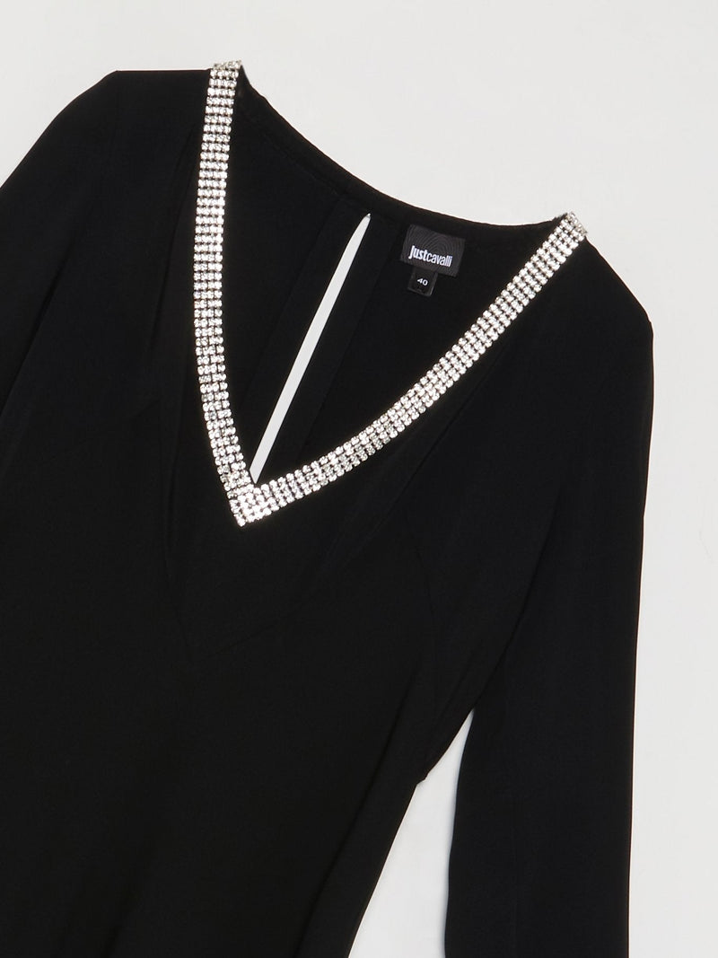 Black Crystal Studded Plunge Dress