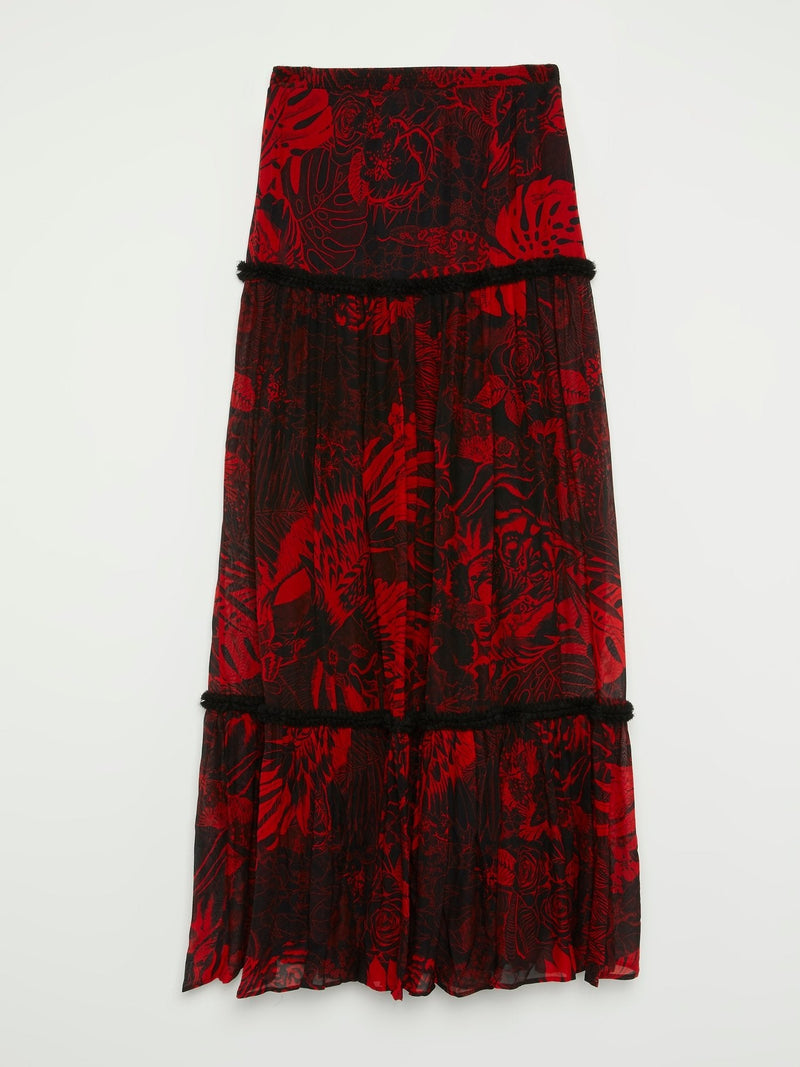 Red Tropical Print Boho Maxi Skirt