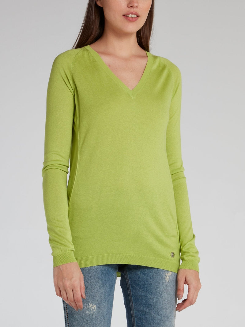 Green V-Neck Knit Pullover