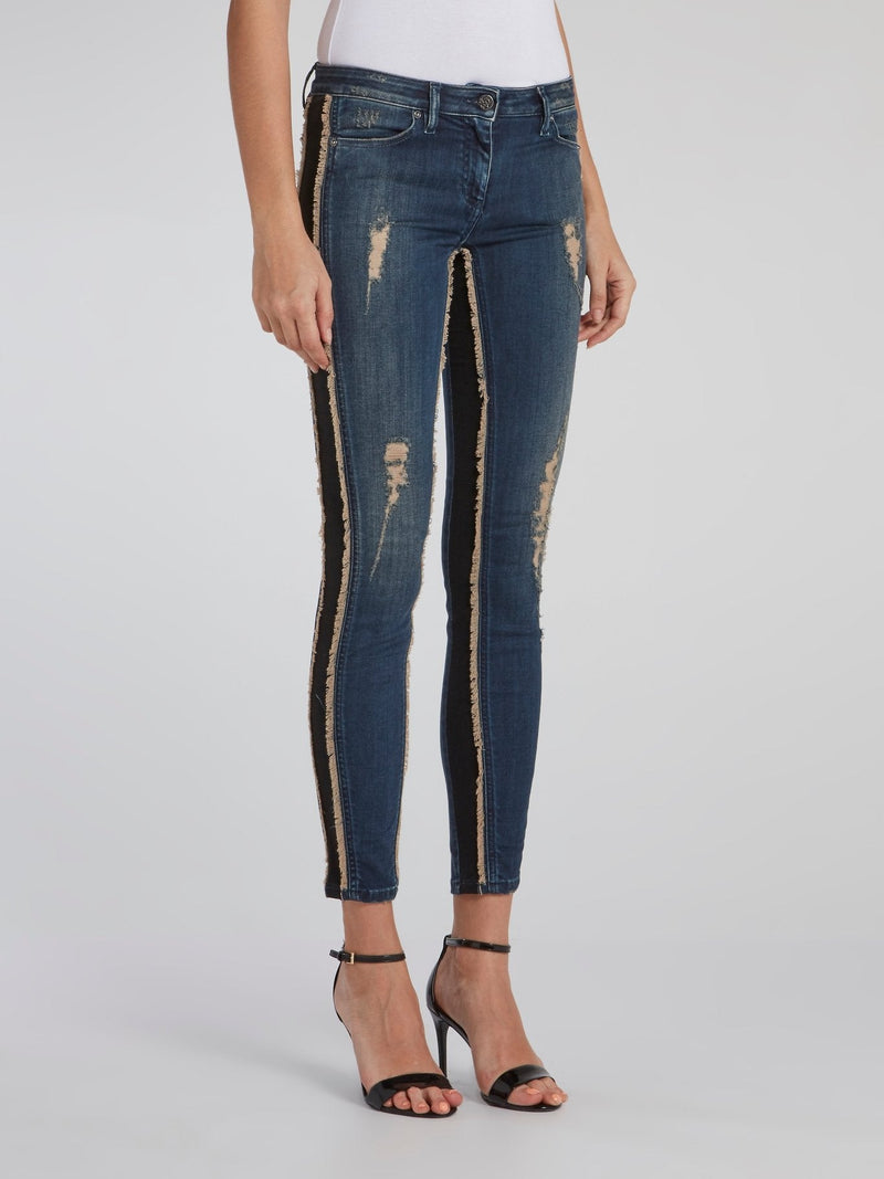 Contrast Frayed Cropped Jeans
