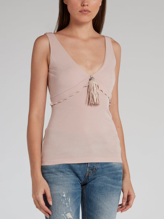 Beige Tassel Detail Plunge Top