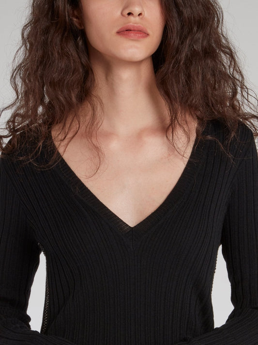 Black V-Neck Ribbed Sweater