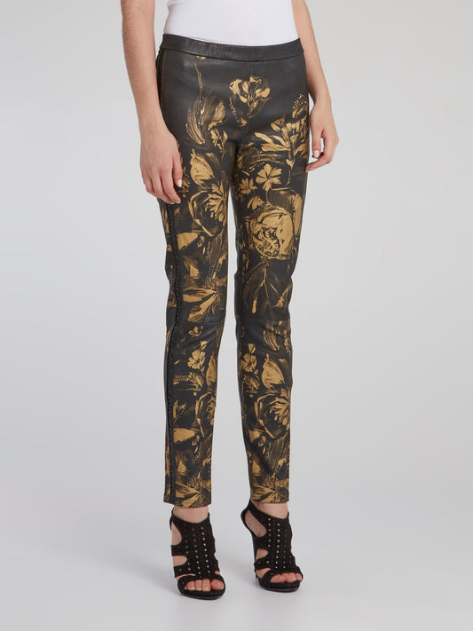 Gold Floral Print Leather Trousers