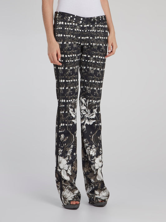 Black Floral Print Bootcut Trousers