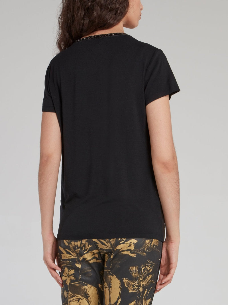 Gold Floral Print Leather Panel T-Shirt