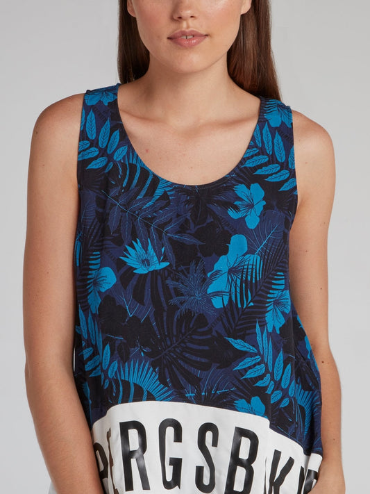 Navy Tropical Print Logo Tank Top