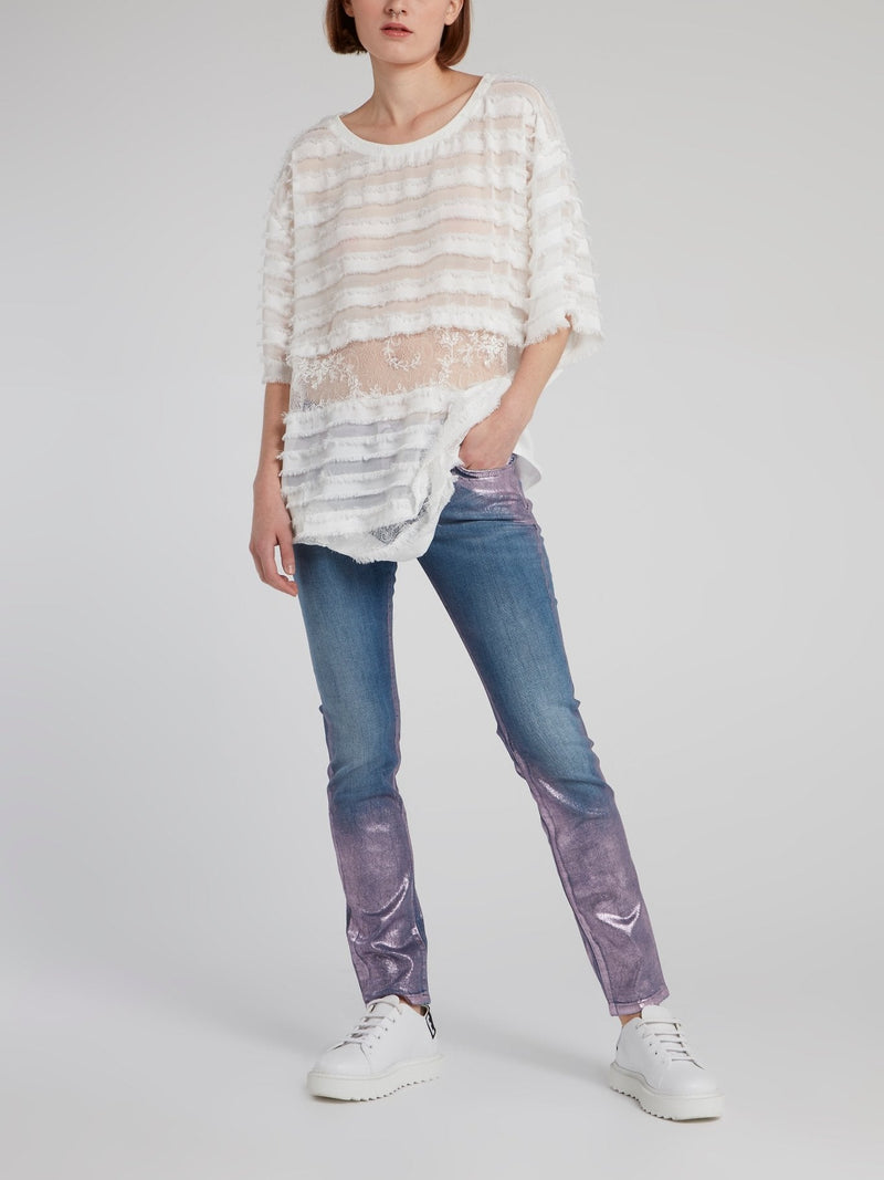 White Frayed Detail Lace Top