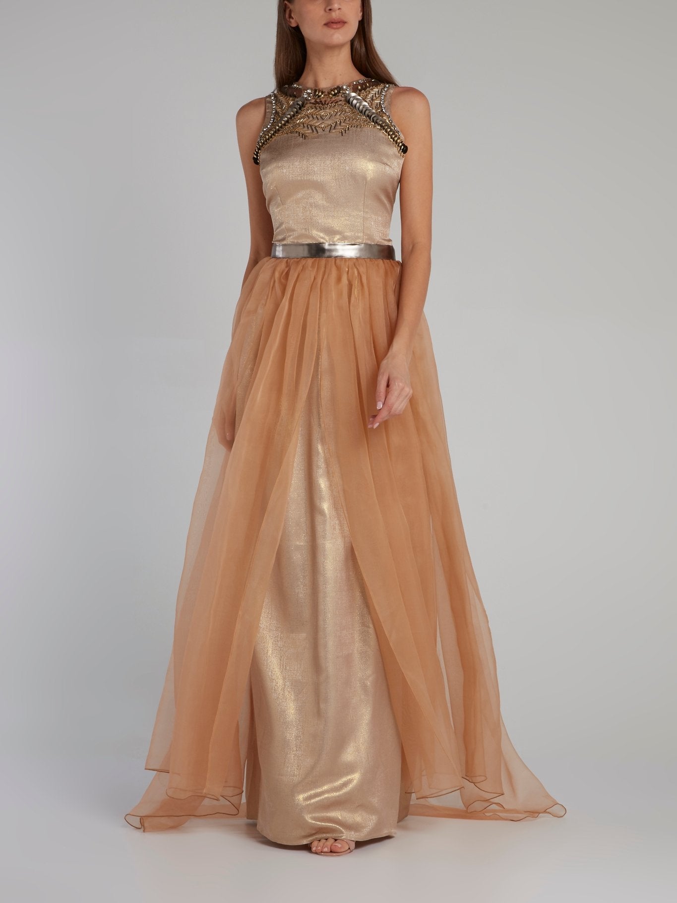 Gold Embellished Organza Overlay Dress