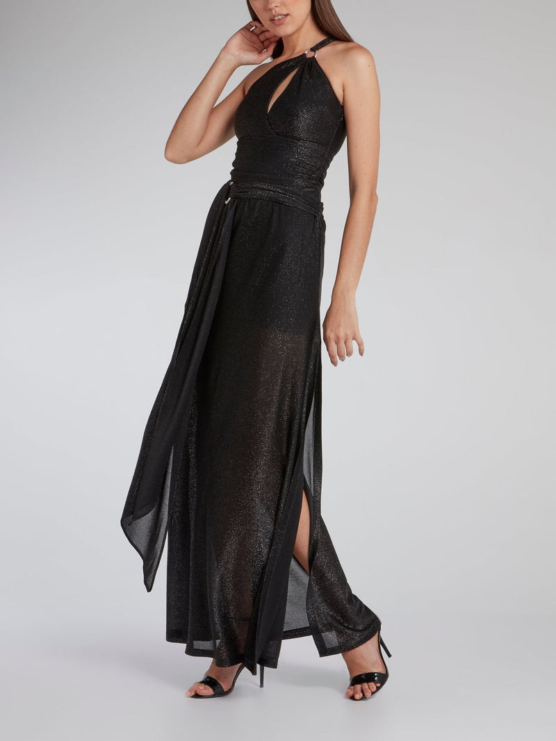 Black One-Shoulder Glitter Maxi Dress