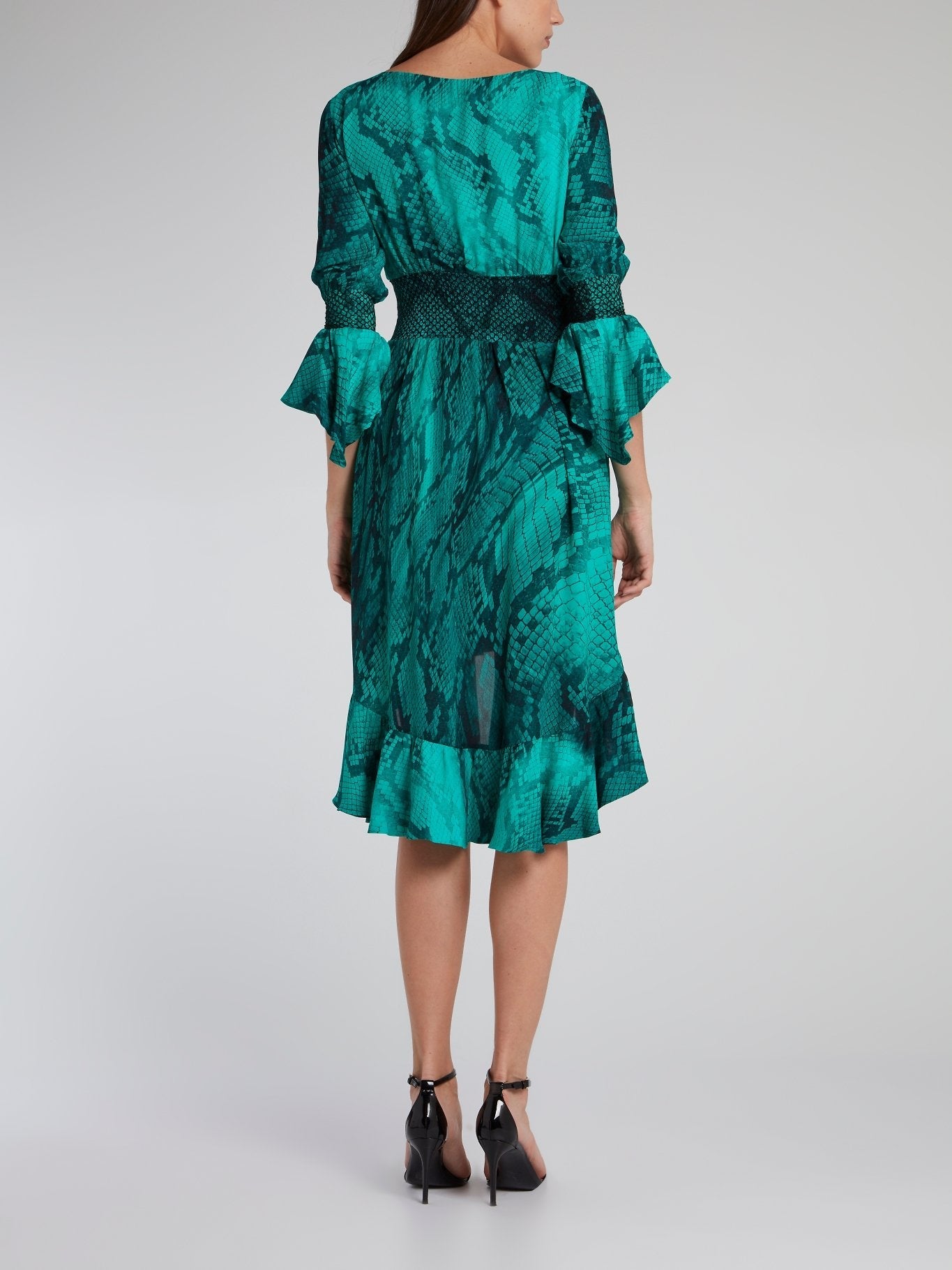 Green Snake Effect Frill Hem Dress