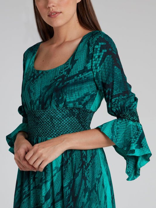 Green Snake Effect Frill Hem Dress