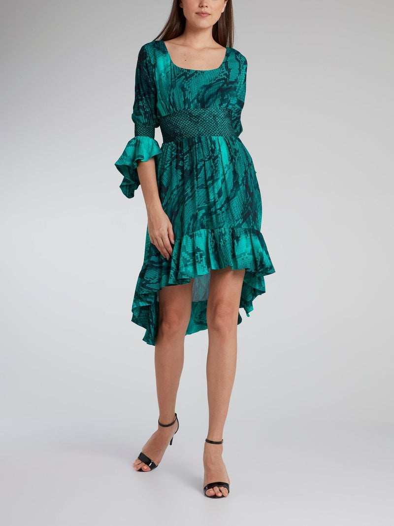 Green Snake Effect Frill Hem Dress