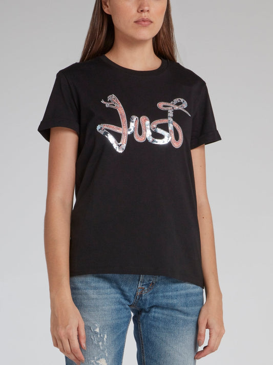 Black Sequin Snake Logo T-Shirt