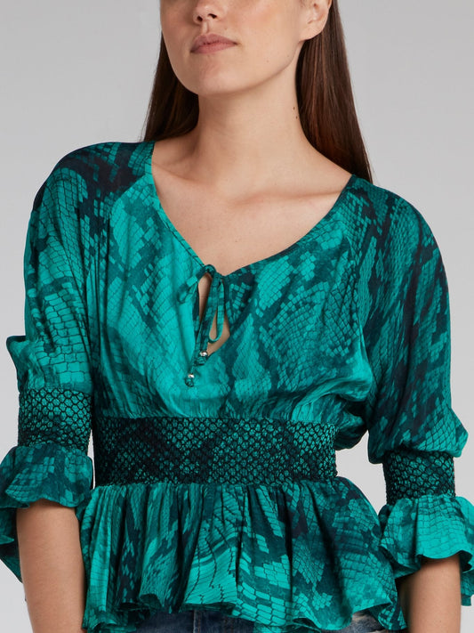 Green Frill Hem Snake Effect Top