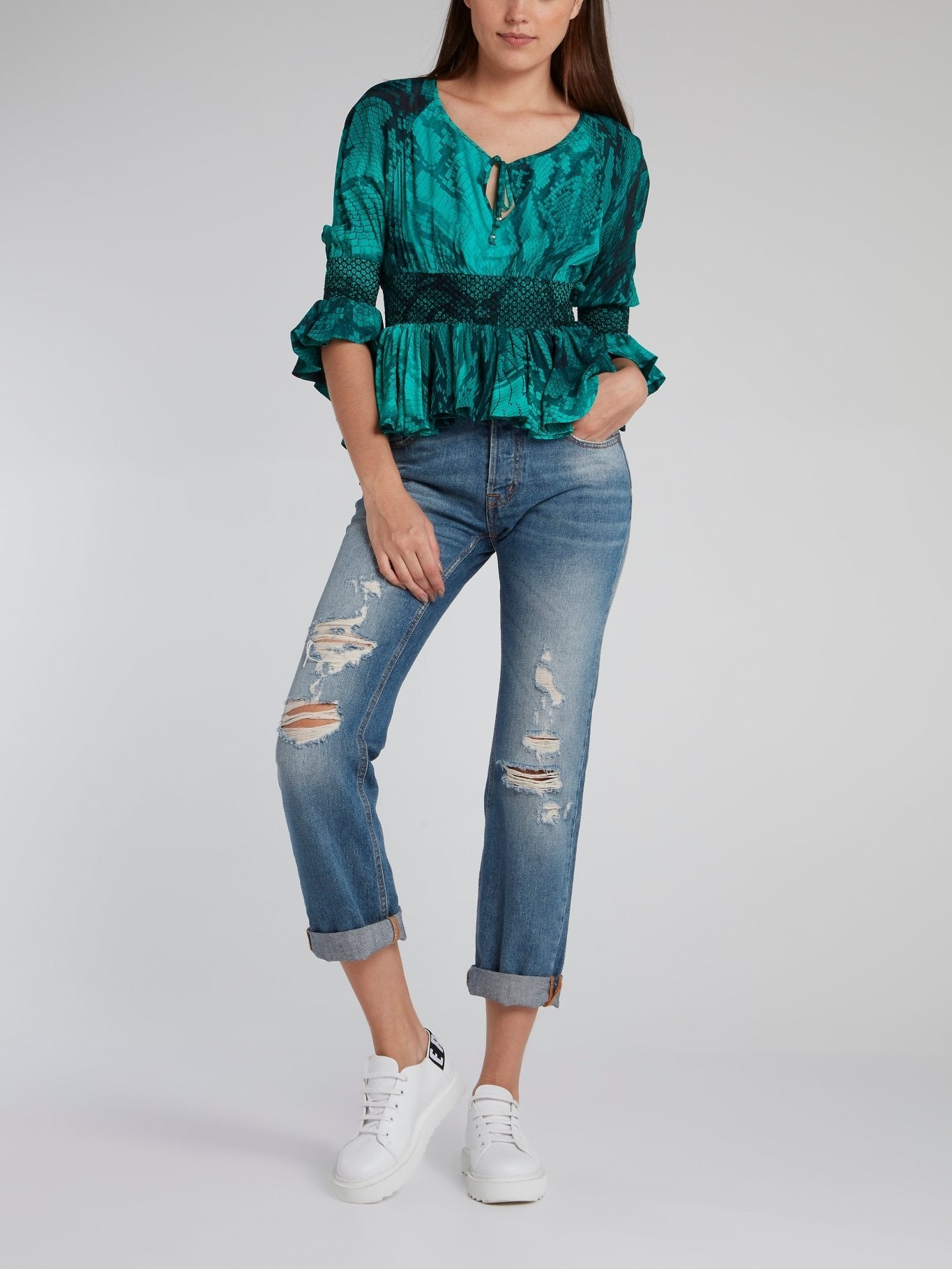 Green Frill Hem Snake Effect Top