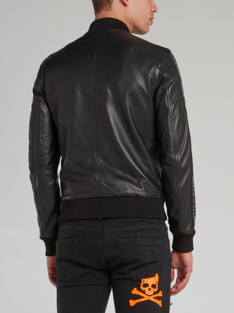 Black Logo Tape Leather Bomber Jacket