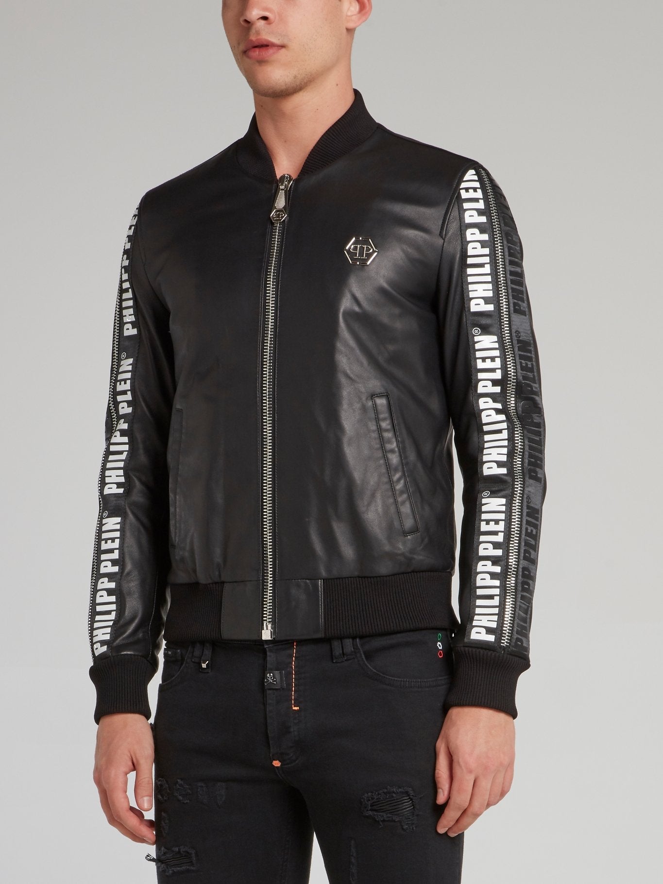 Black Logo Tape Leather Bomber Jacket