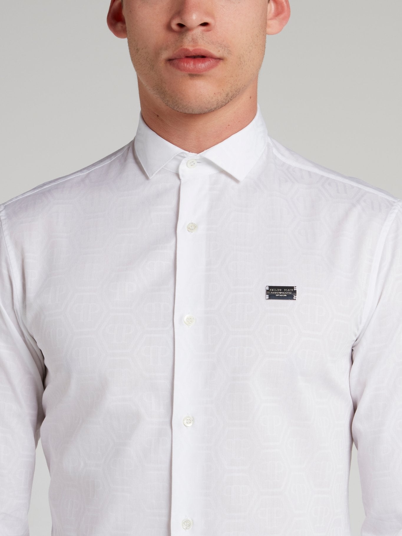 White Monogram Print Button Up Shirt